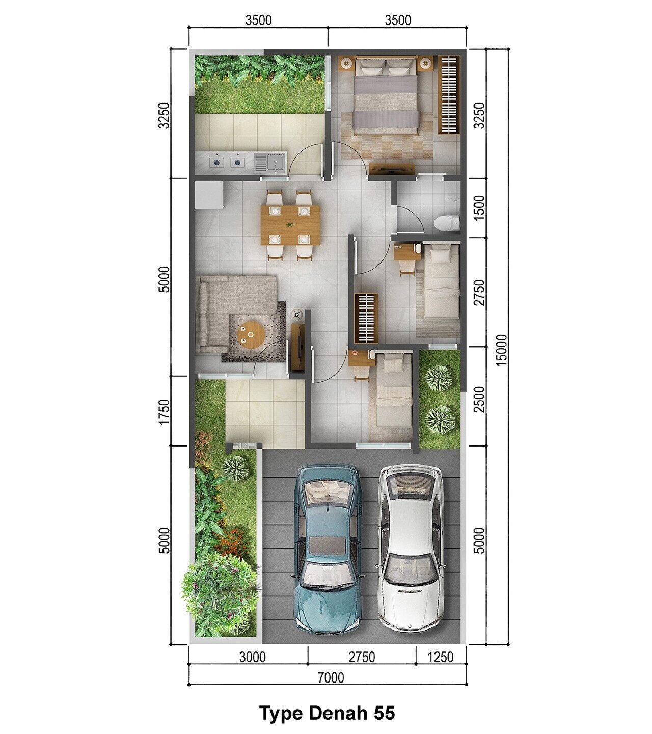 Denah rumah Type 55 Savana Hills Bukti Cimanggu City Bogor