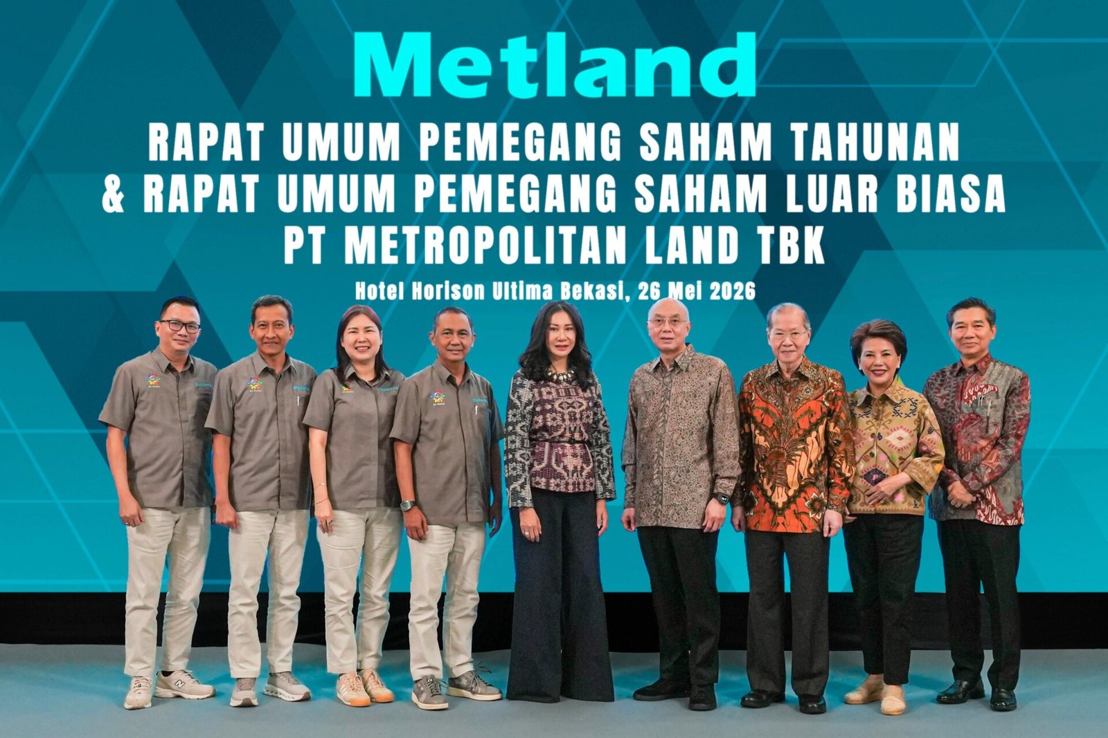 Alt Text:Jajaran direksi dan komisaris PT Metropolitan Land Tbk (Metland) dalam RUPST dan RUPSLB 2026 di Hotel Horison Ultima Bekasi, membahas kinerja perusahaan dan ekspansi Metland di Sulawesi Utara.