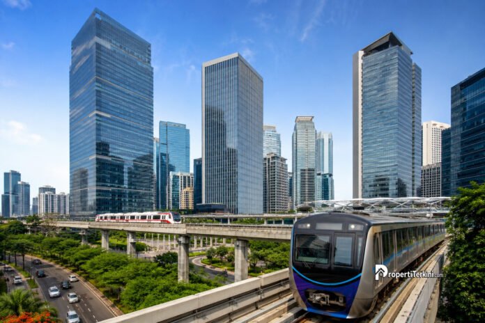 Ilustrasi gedung kantor dekat MRT dan LRT di Jakarta yang menunjukkan pentingnya konektivitas transportasi massal dalam meningkatkan tingkat okupansi perkantoran.