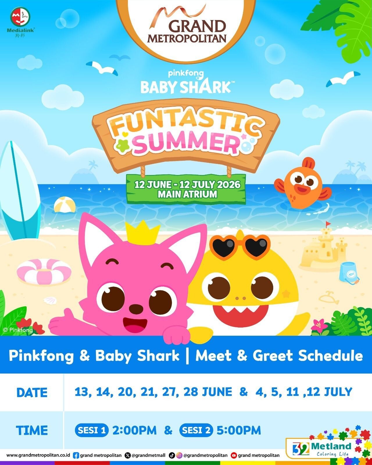 Poster acara Pinkfong dan Baby Shark Funtastic Summer di Grand Metropolitan Bekasi yang menampilkan jadwal meet and greet selama libur sekolah 2026.