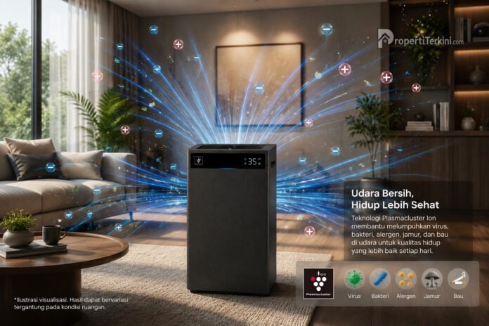 Teknologi Plasmacluster Ion pada air purifier Sharp membantu menjaga kualitas udara indoor sebagai bagian dari konsep hunian sehat dan smart home.