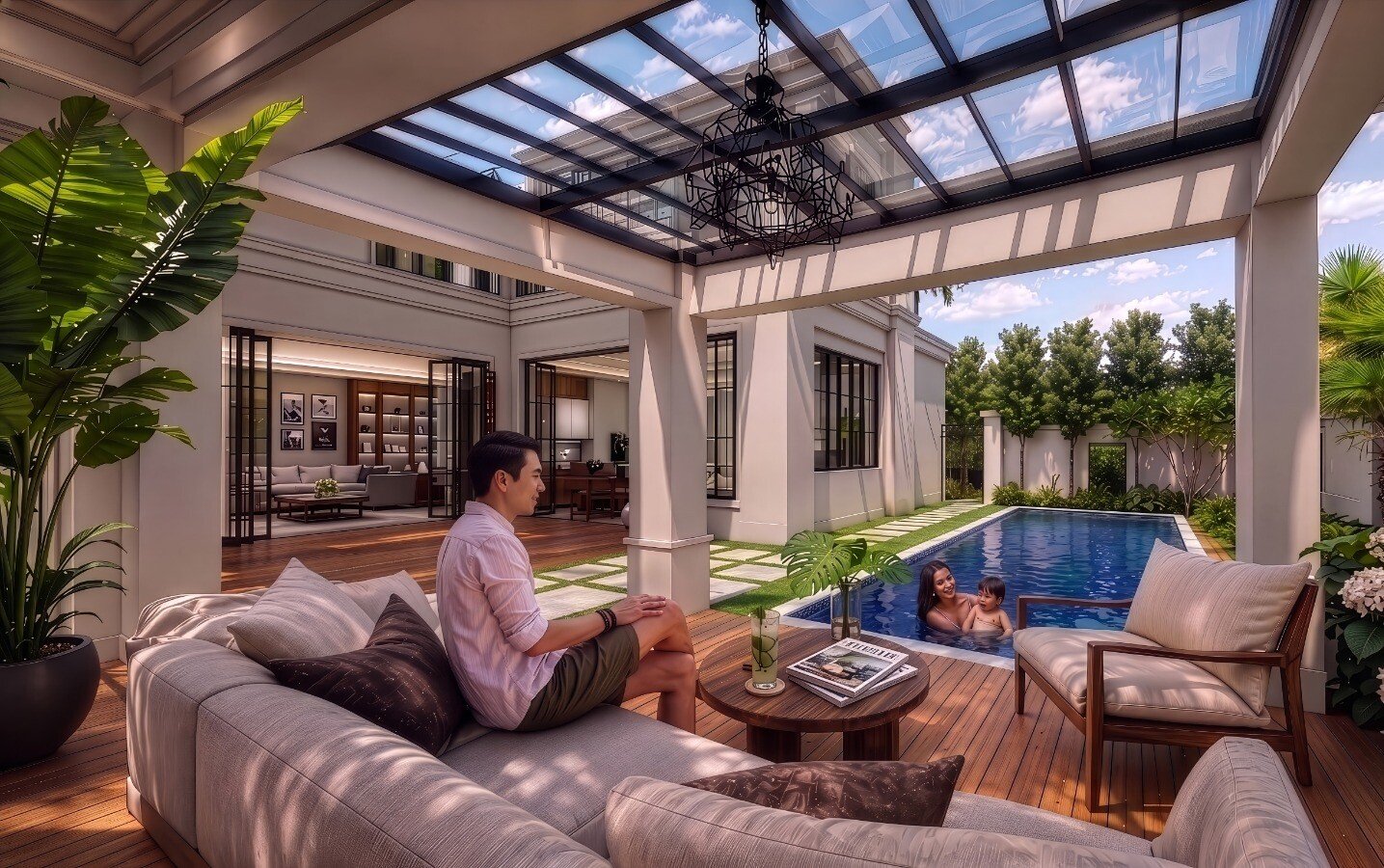 outdoor dan kolam renang di rumah Leyora Kota Wisata Ecovia