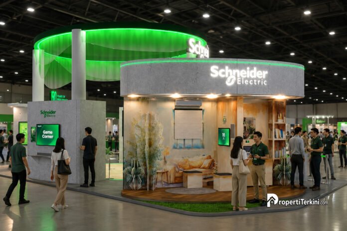 schneider-electric-indobuildtech-2026-rumah-nyaman-listrik-aman Ilustrasi booth Schneider Electric di IndoBuildTech Expo 2026