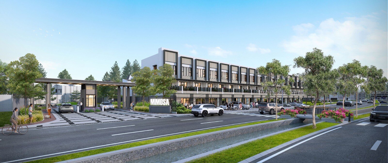 jalan boulevard utama kota mandiri Paramount Petals menuju akses masuk gerbang Klaster Mimosa