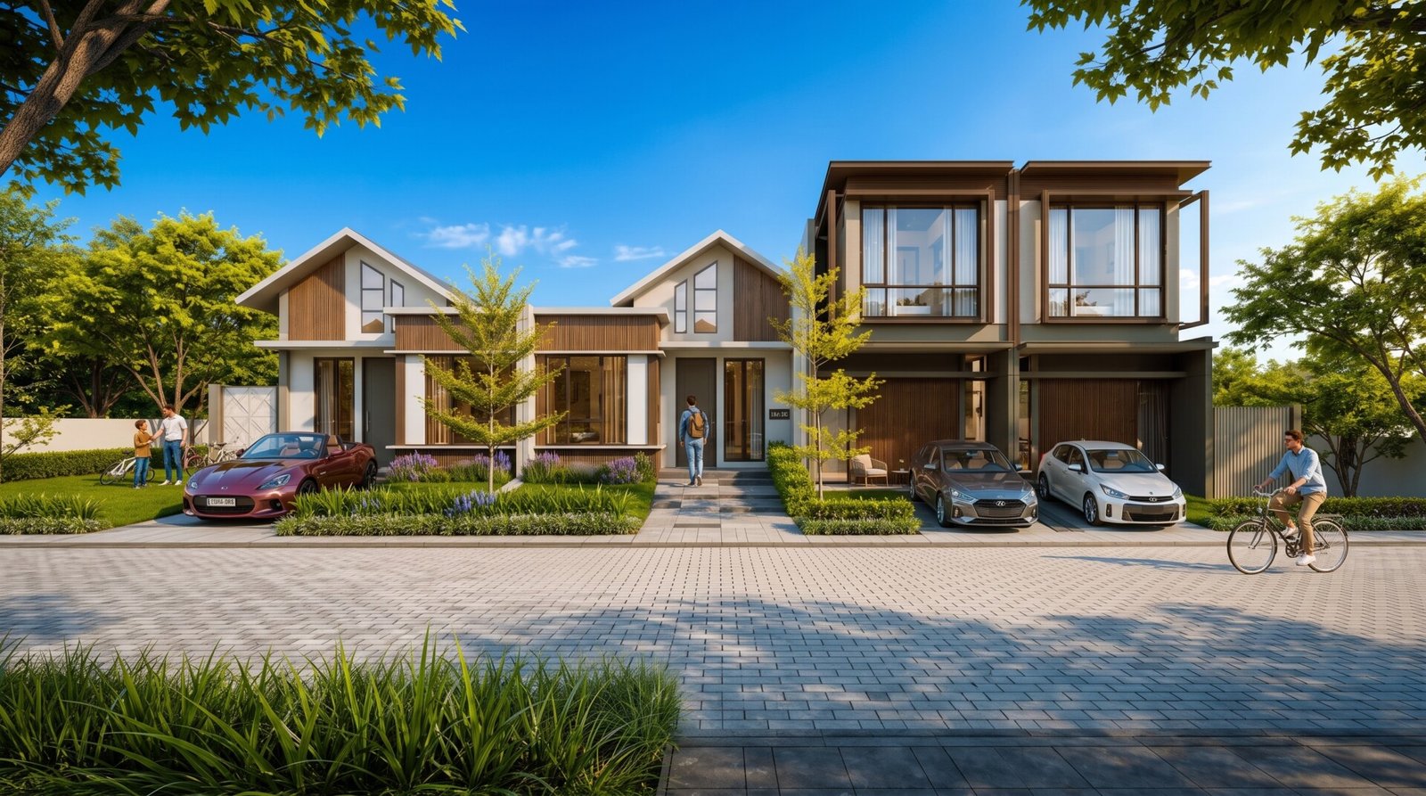 Fasad rumah Riverie tipe M5 dan M6 di Shila at Sawangan dengan desain modern dan lingkungan hijau di Sawangan Depok