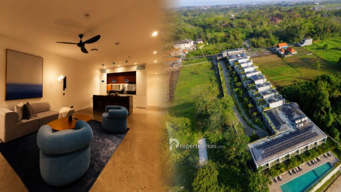 Kolase interior luas dan tampilan udara Ecoverse Nuanu Bali yang membidik pasar tinggal jangka menengah dengan konsep hunian berlayanan dan eco-friendly luxury living