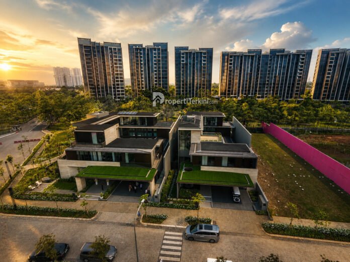 penjualan-navapark-bsd-150-mewah-eksterior Tampilan udara lanskap hunian mewah island villa at navapark bsd city bernilai rp150 miliar dengan latar belakang apartemen eksklusif.