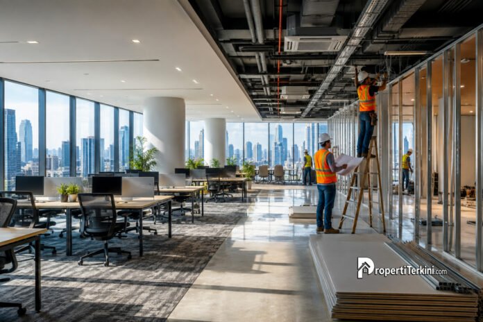 Biaya office fit-out Jakarta dalam renovasi ruang kantor modern dengan area kerja dan konstruksi bangunan