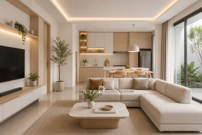 Interior modern minimalis dengan ruang keluarga dan dapur yang nyaman dan fungsional