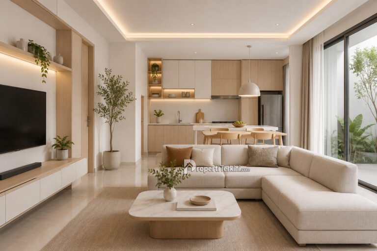 Interior modern minimalis dengan ruang keluarga dan dapur yang nyaman dan fungsional
