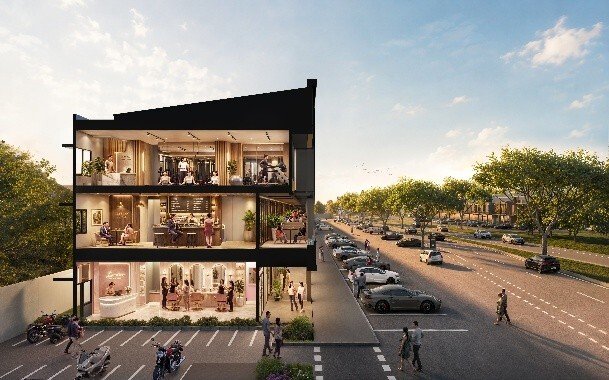 Potongan denah interior tiga lantai Veranda Shophouses Suvarna Sutera menampilkan area pedestrian, kafe teras, dan gym