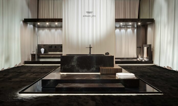 GROHE SPA Aqua Sanctuary menampilkan desain kamar mandi mewah dengan perlengkapan premium dan konsep wellness.