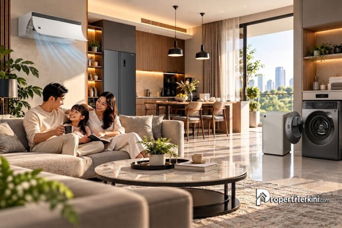 Sharp hunian modern dengan perangkat elektronik yang memadukan desain interior, kenyamanan, dan efisiensi energi