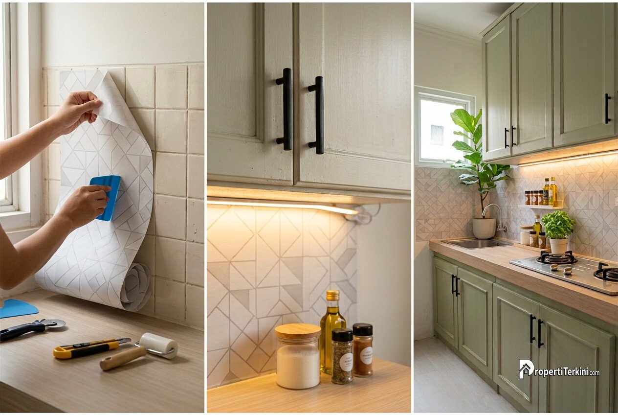 Seseorang sedang memasang stiker vinyl backsplash pada keramik dinding dapur mungil menggunakan kape