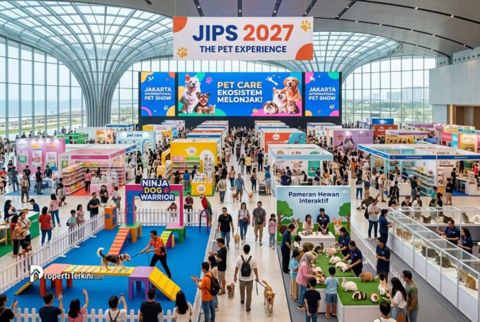 ekosistem-pet-care-jips-2027-nice-pik-2.jpg Suasana pameran ekosistem pet care JIPS 2027 di gedung NICE PIK 2, menampilkan berbagai booth, area Ninja Dog Warrior, dan interaksi pengunjung dengan hewan peliharaan.