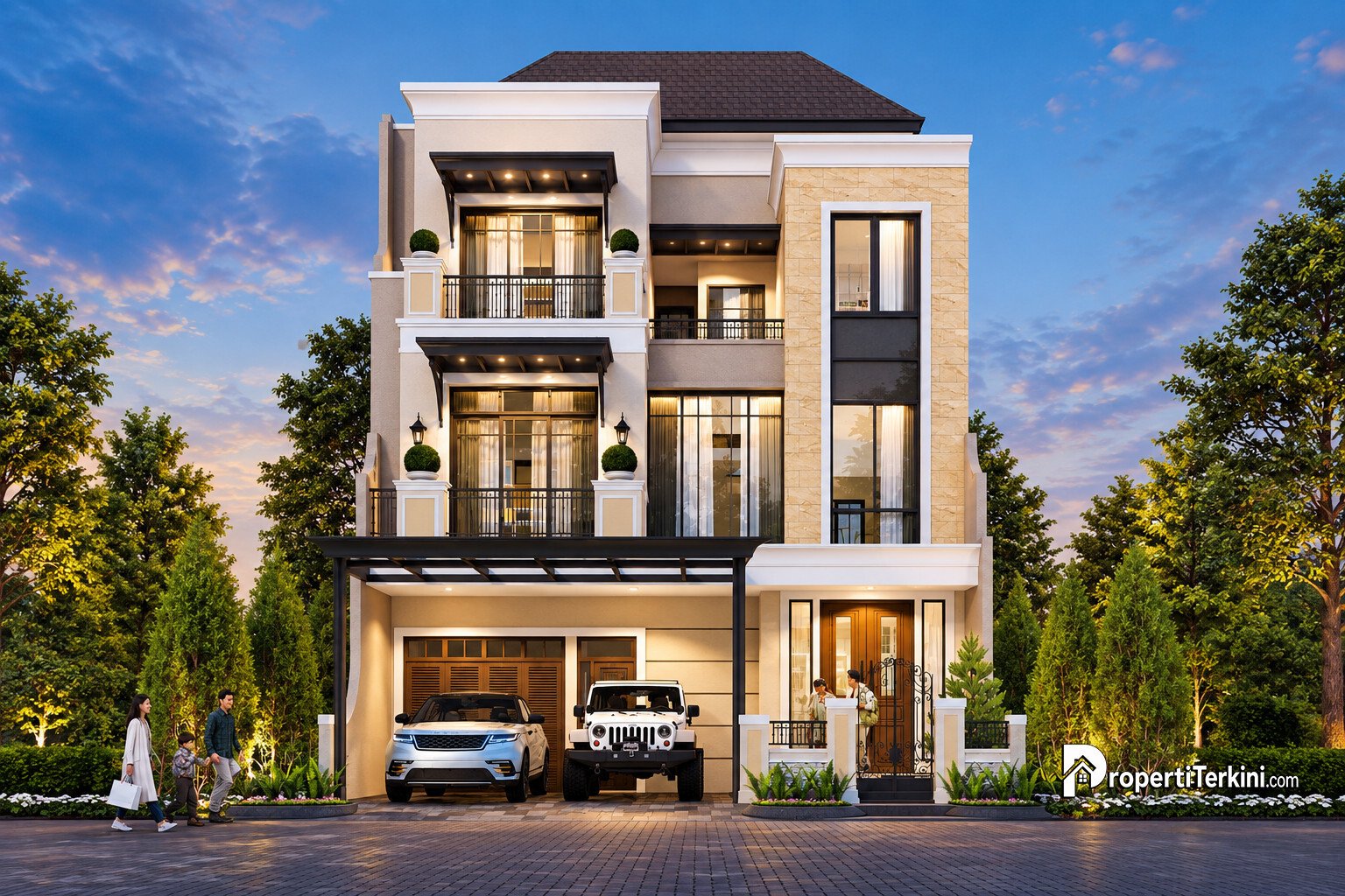 Fasad eksterior rumah mewah Jakarta Timur tipe Harrington 3 lantai di kawasan Bukit Podomoro Jakarta.
