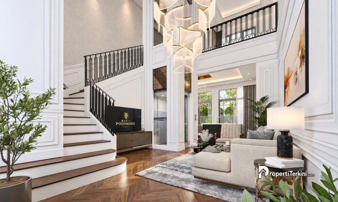 interior-rumah-mewah-jakarta-timur-harrington-bukit-podomoro Interior rumah mewah Jakarta Timur tipe Harrington di Bukit Podomoro Jakarta yang dilengkapi tangga elegan dan private lift.