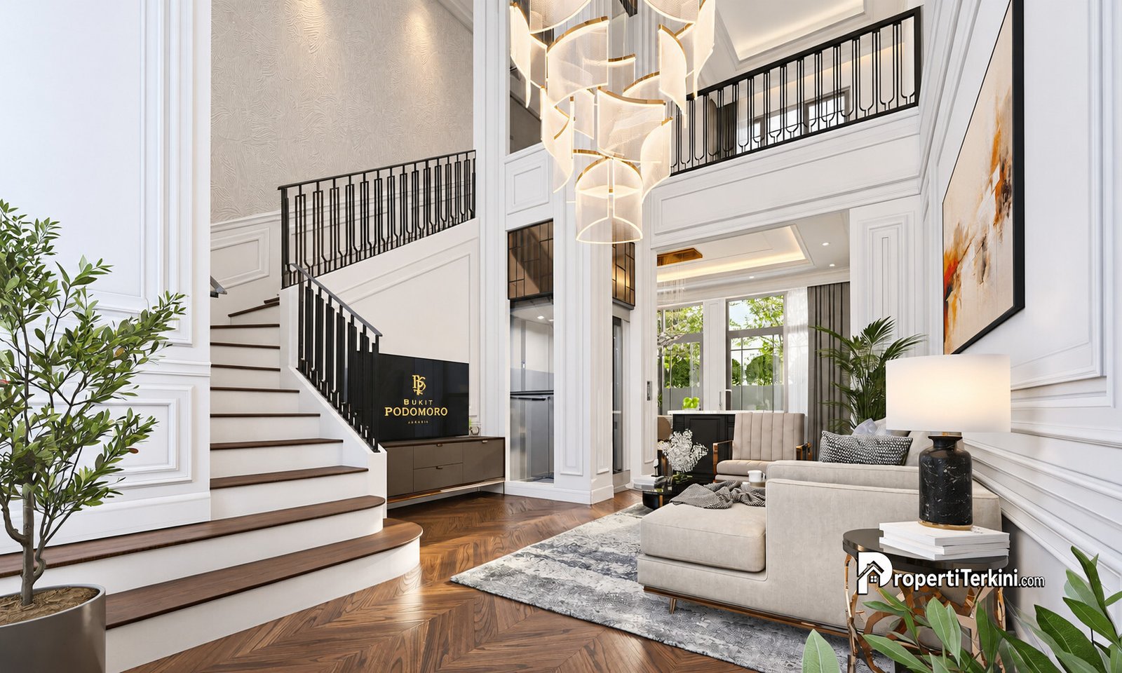 Interior rumah mewah Jakarta Timur tipe Harrington di Bukit Podomoro Jakarta yang dilengkapi tangga elegan dan private lift.