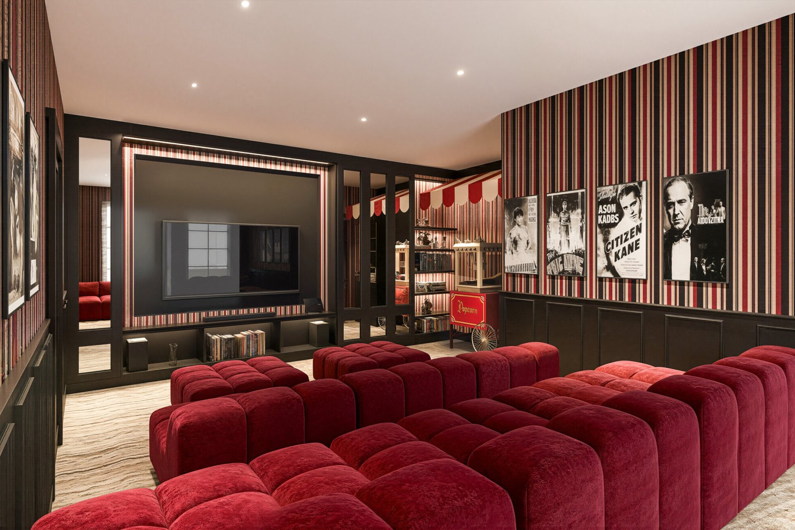 Interior ruang bioskop pribadi home theater di rumah mewah tipe AGNA The Gramercy Alam Sutera dengan sofa merah eksklusif