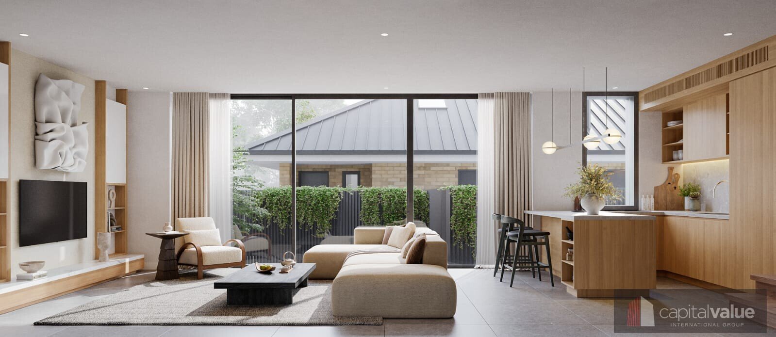 Desain interior modern rumah tapak Sydney di kawasan Roselands dengan ruang keluarga berkonsep terbuka dan jendela kaca besar.