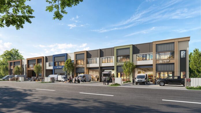 Perspektif fasad bangunan gudang dan kantor modern nexen business park balaraja tangerang