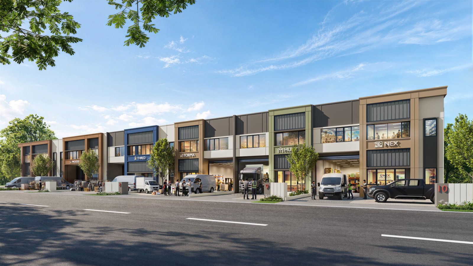 Perspektif fasad bangunan gudang dan kantor modern nexen business park balaraja tangerang