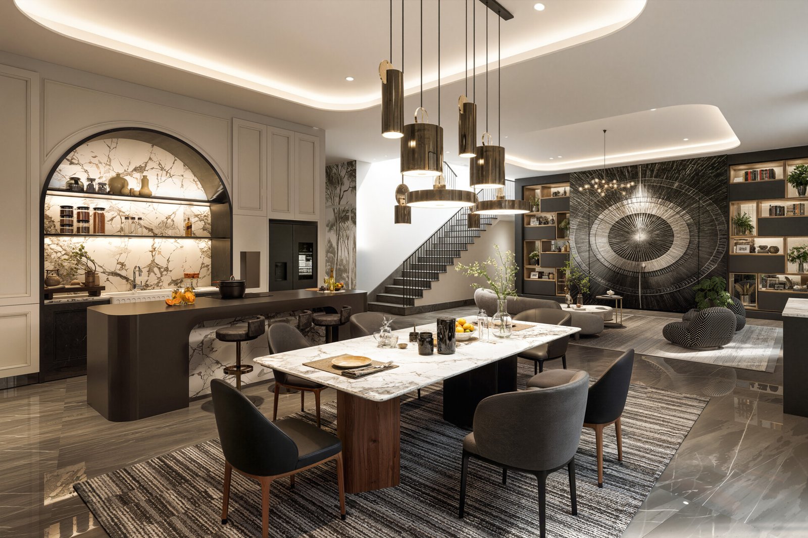 Interior ruang makan open plan dan pantry mewah berbahan marmer impor pada rumah tipe AGNA di The Gramercy Alam Sutera