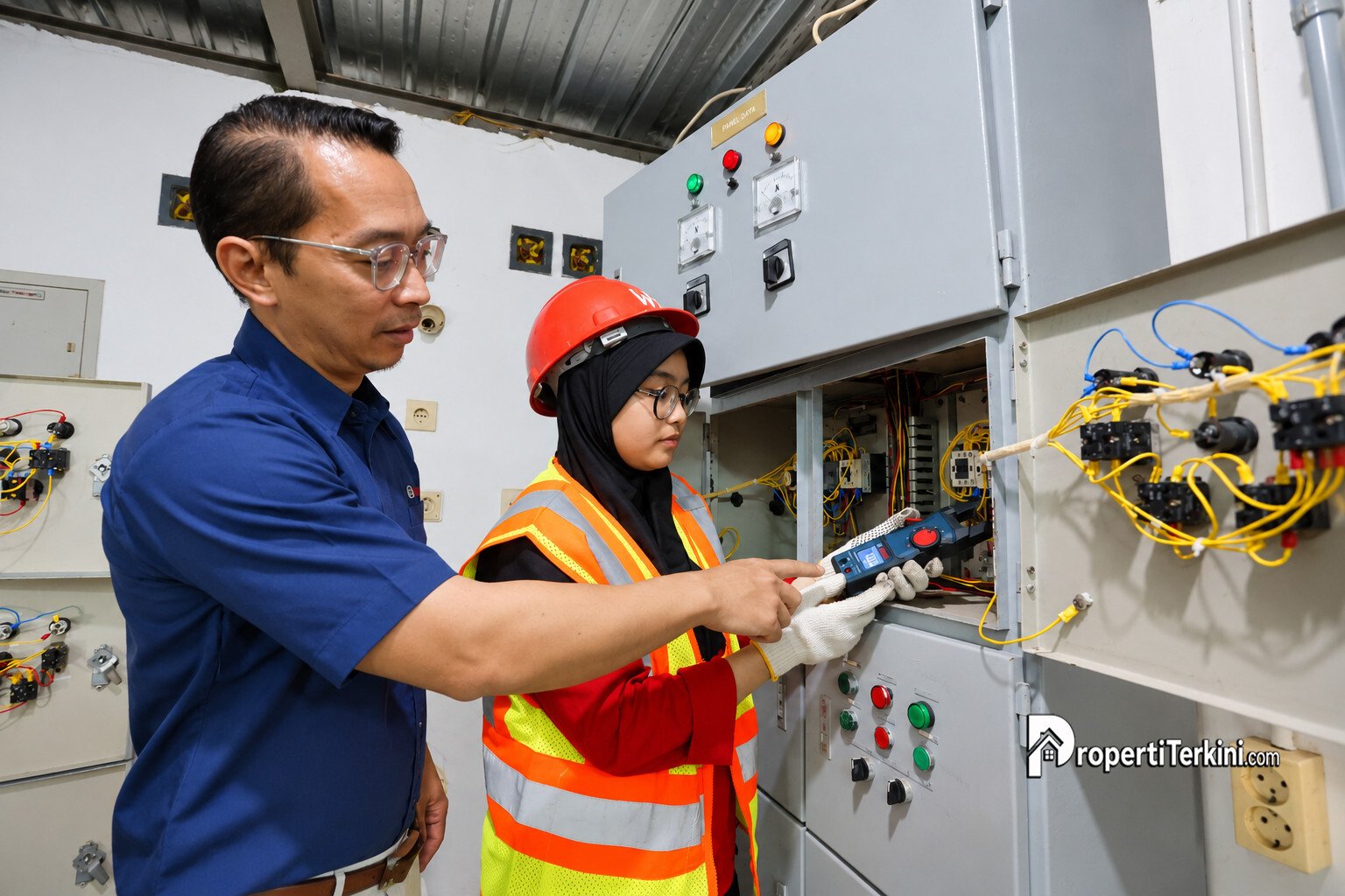 Maharlika Kumastyo mendampingi mahasiswa PNJ mencoba salah satu dari tiga alat ukur kelistrikan terbaru Bosch GMC 600-15 di bengkel kelistrikan
