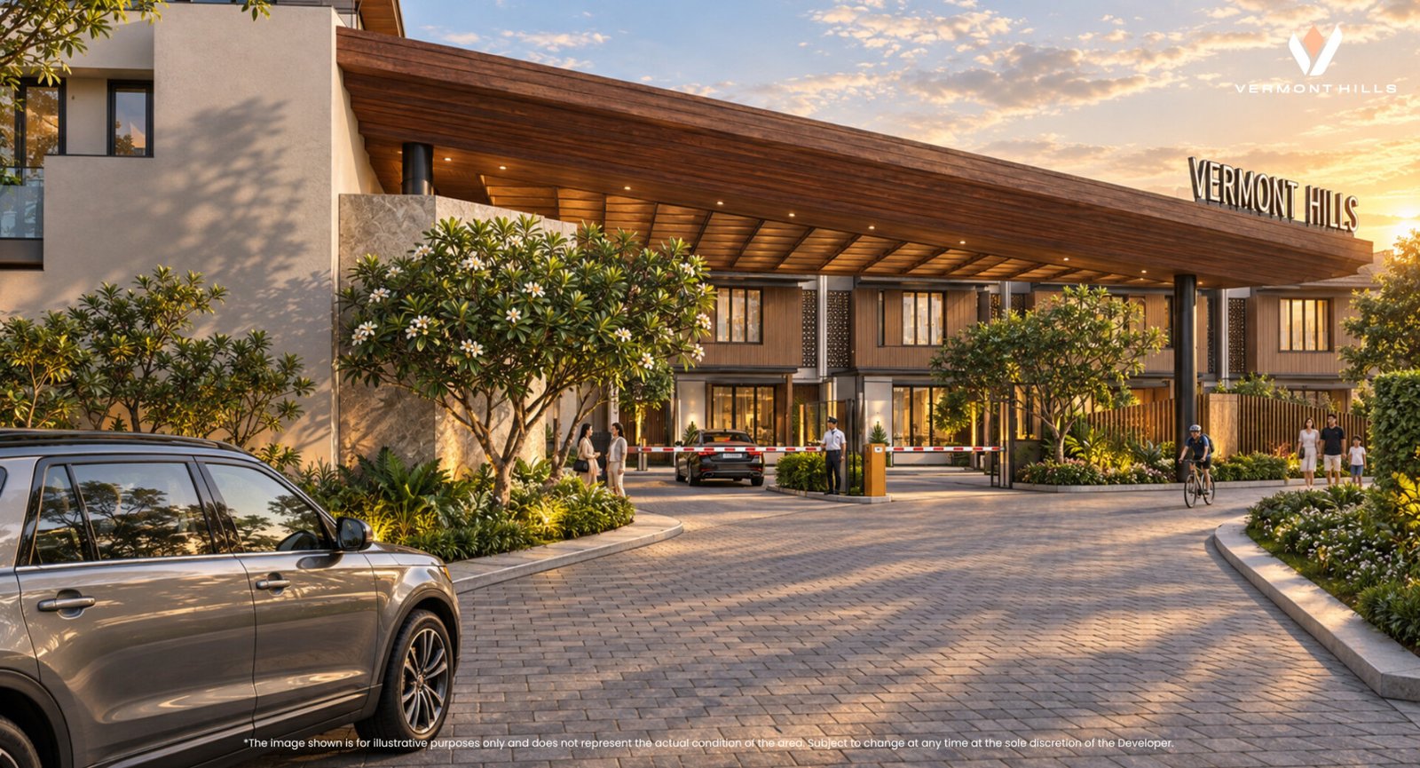 Gerbang utama kawasan hunian Vermont Hills Serpong dengan arsitektur modern tropical