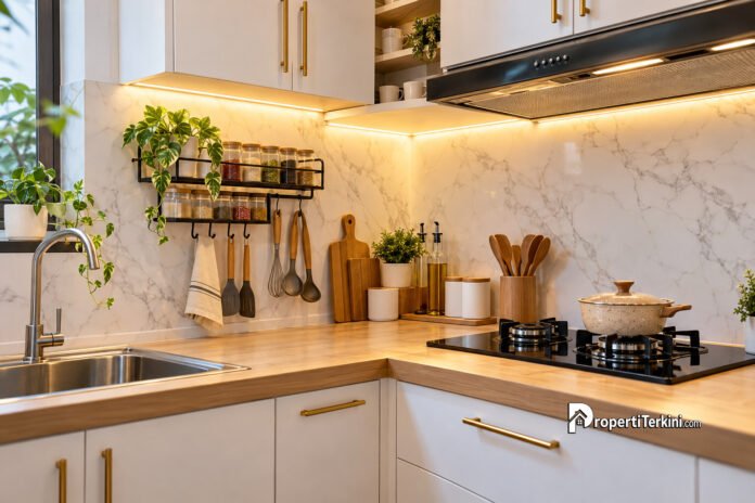 makeover dapur mungil mewah stiker backsplash marmer makeover dapur mungil - Tampilan dapur mungil yang sudah di-makeover dengan stiker backsplash marmer, handle warna emas, dan lampu LED strip warm white