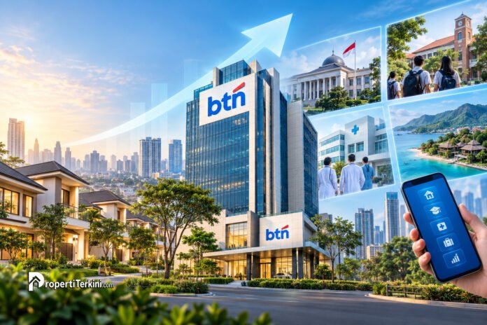 beyond mortgage btn ekosistem bisnis Ilustrasi gedung Bank BTN dan ekspansi ekosistem Beyond Mortgage BTN mencakup pemukiman, kantor pemerintah, kampus, rumah sakit, pariwisata, dan aplikasi mobile