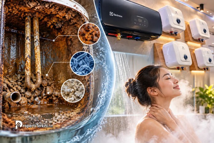 Bahaya endapan kerak kotoran dan bakteri pada tangki pemanas air yang jarang dikuras serta solusi pemanas air Electrolux UltimateHome Series