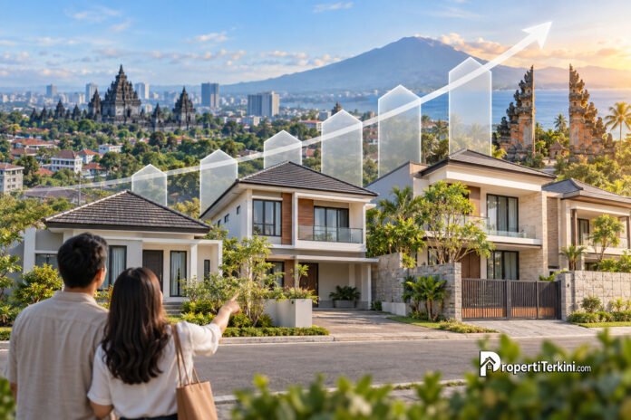 harga rumah sekunder menurut luas bangunan Pasangan pembeli hunian melihat grafik kenaikan harga rumah sekunder menurut luas bangunan dengan latar kawasan perumahan