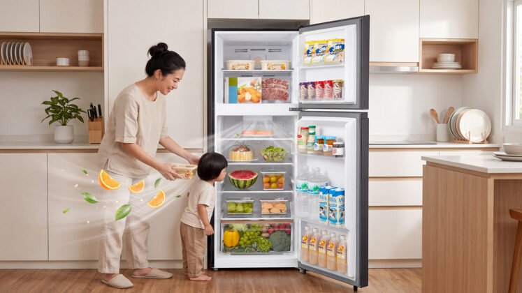 Ibu dan anak menggunakan kulkas bebas bau Toshiba New Double Door Refrigerator Series di dapur