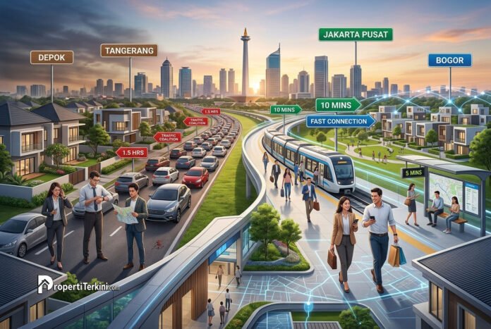pencarian properti jabodetabek Ilustrasi pencarian properti Jabodetabek yang memperlihatkan perbandingan waktu tempuh antara kemacetan jalan raya dan efisiensi transportasi publik LRT