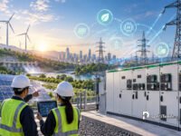 Teknisi memantau proses modernisasi jaringan listrik cerdas berbasis AI dan energi terbarukan untuk kawasan perkotaan.