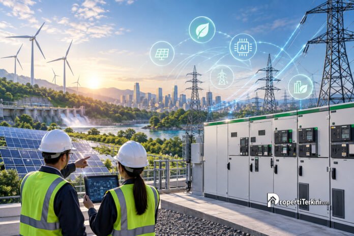 modernisasi jaringan listrik berbasis ai dan energi terbarukan schneider electric Teknisi memantau proses modernisasi jaringan listrik cerdas berbasis AI dan energi terbarukan untuk kawasan perkotaan.