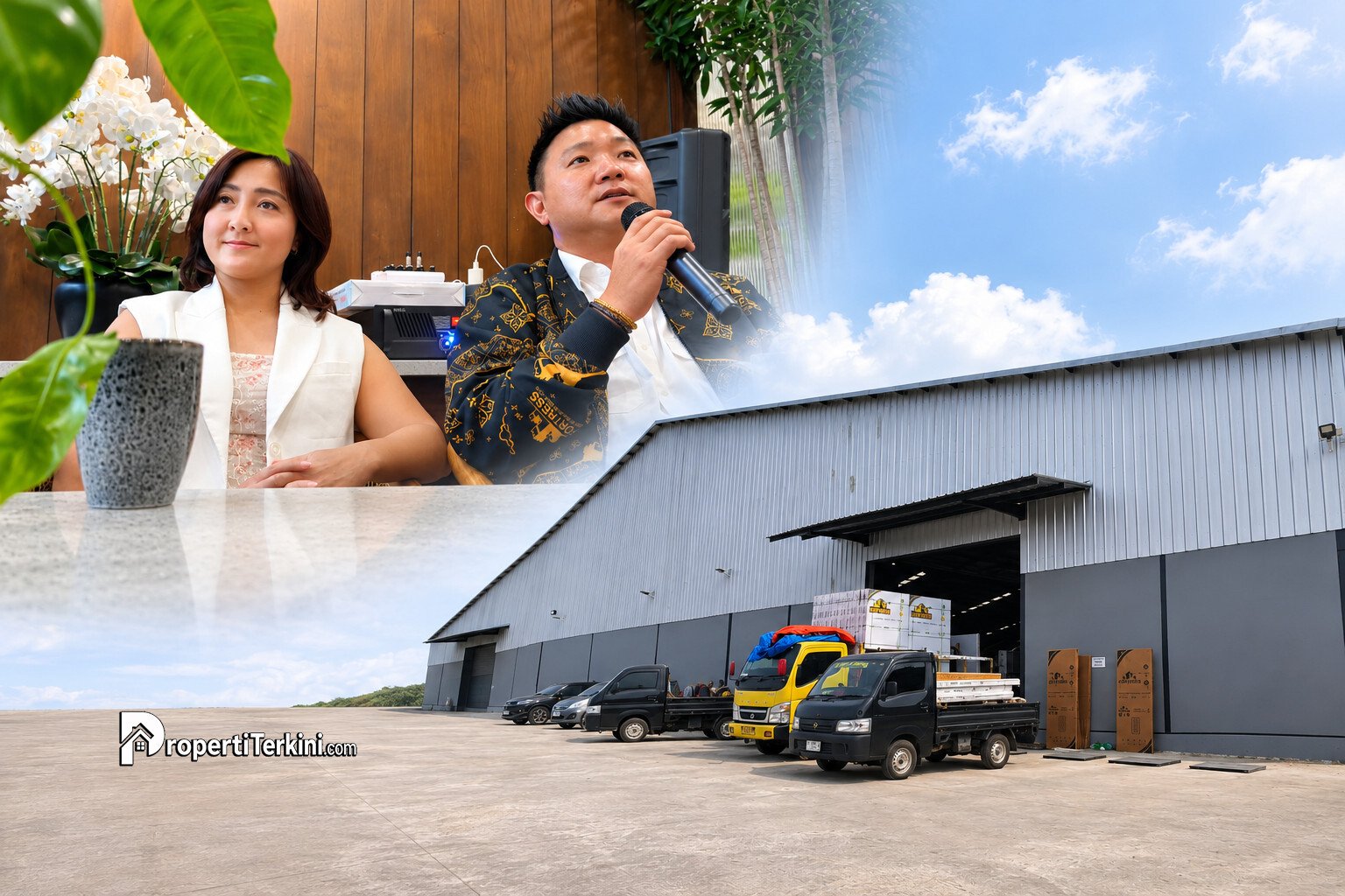 Kolase foto Joni Effendi CEO PT JBS Perkasa Sylvia Tina dan area pabrik pintu baja FORTRESS MFG Curug Tangerang