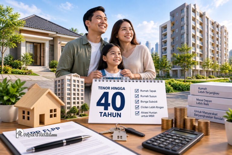 Ilustrasi keluarga bahagia dengan papan informasi FLPP tenor 40 tahun untuk rumah tapak dan rusun subsidi bagi MBR.