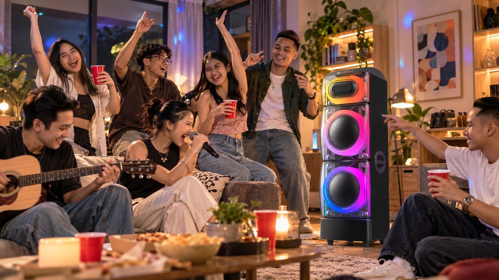 Penggunaan speaker party Sharp Core Blast Series yang portabel saat piknik dan aktivitas luar ruangan