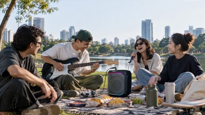 speaker-party-sharp-phantom-series-hiburan-ruang-keluarga Penggunaan speaker party Sharp Phantom Series dengan bodi transparan dan lampu RGB di ruang keluarga