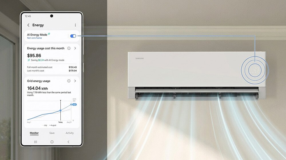 Aplikasi SmartThings menampilkan fitur AI Energy Mode pada Samsung AC Neo WindFree Ultra untuk memantau konsumsi listrik harian.