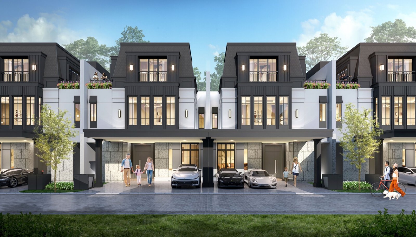 Fasad hunian tiga lantai Altadena Prime berkonsep European Classic di Pasadena Central District Paramount Gading Serpong. 
