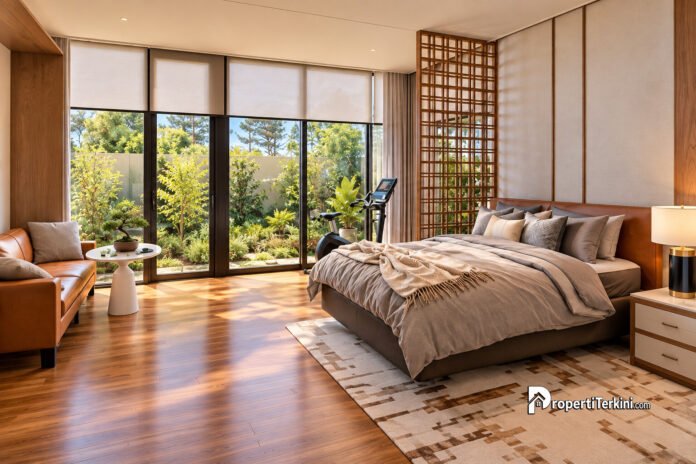 Interior kamar utama hunian 3 lantai Brentwood Villas Cikarang dengan pemandangan taman lanskap hijau