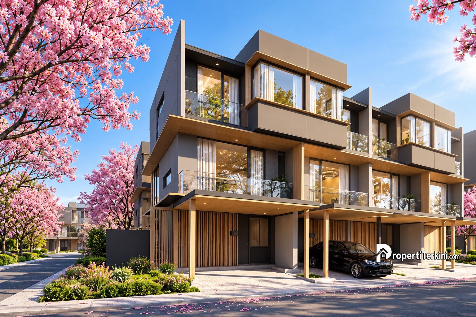 Desain eksterior fasad 3 lantai Brentwood Villas Cikarang berkonsep arsitektur Jenga di kawasan OAZE Cikarang