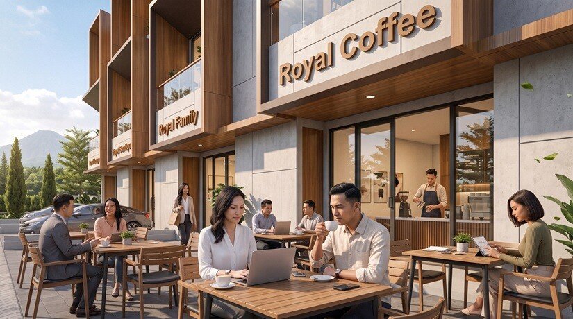 Crystal Loft Royal Tajur dengan area komersial dan kafe untuk mendukung aktivitas usaha