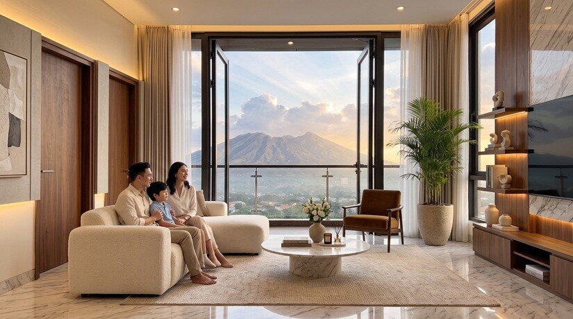 Interior ruang keluarga Crystal Loft Royal Tajur dengan jendela lebar dan pemandangan pegunungan