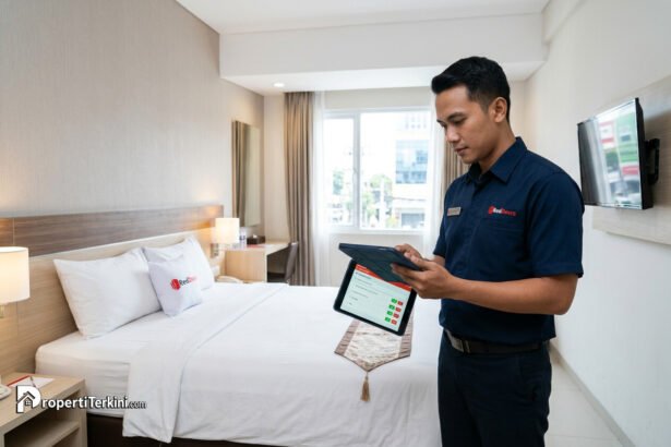 Petugas operasional perhotelan memeriksa standar kebersihan kamar menggunakan tablet aplikasi audit berbasis AI Inspecto di jaringan hotel RedDoorz.