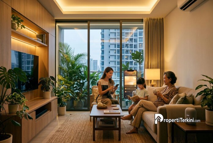 keluarga di asia tenggara memanfaatkan teknologi smart lighting pada konsep connected home di rumah modern