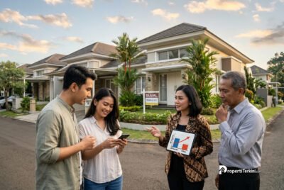 Agen properti menunjukkan grafik analisis harga rumah sekunder kepada calon pembeli di depan perumahan modern